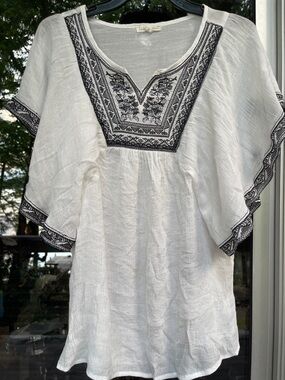 indigo soul White Tunic with Black Embroidered V-Neck